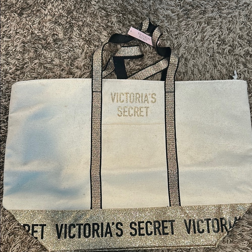 Victoria's Secret Gold and White Tote Bag Elegant Design